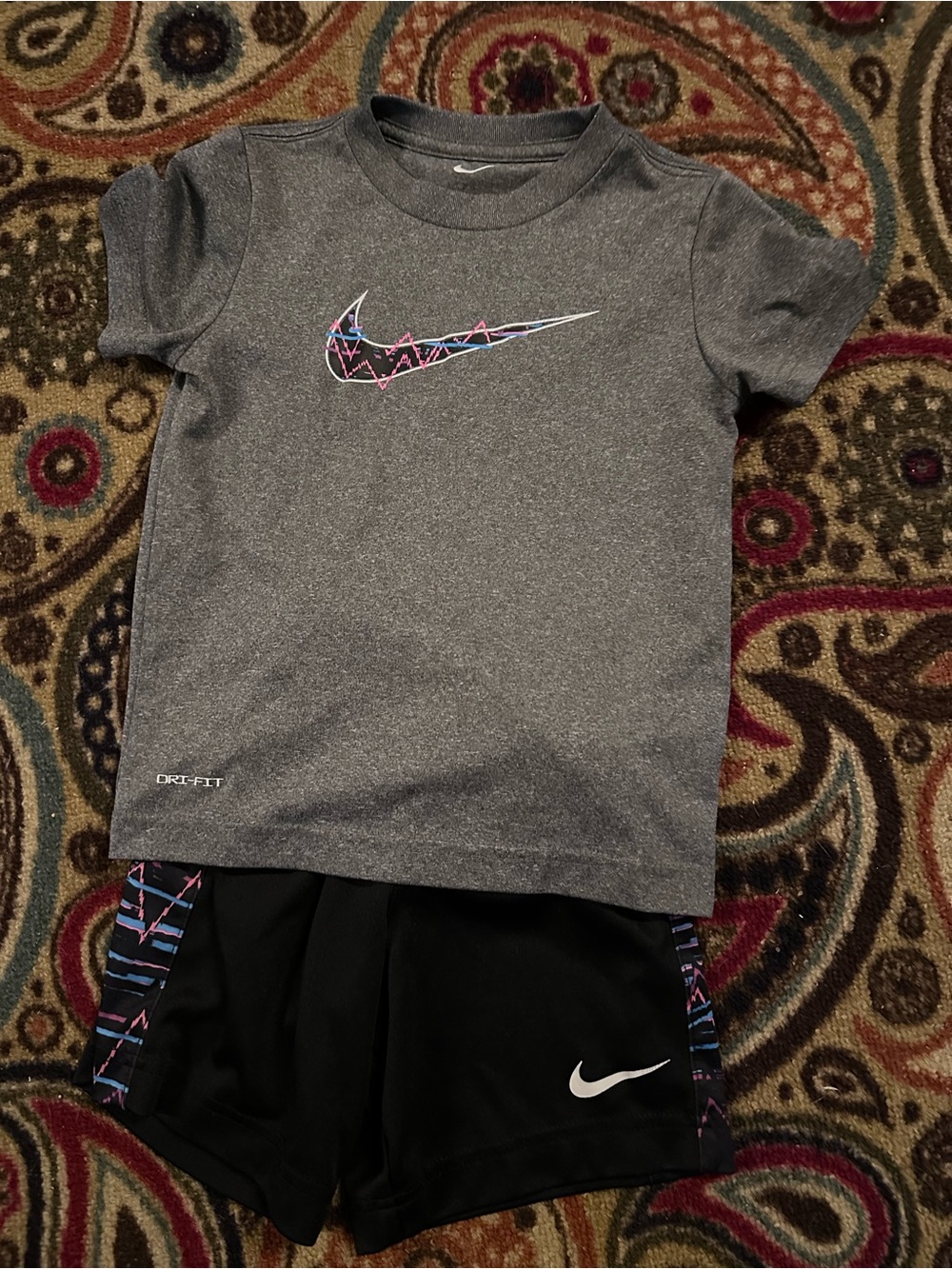 Nike Gray Dri-FIT Tee with Multicolor Patterned Swoosh